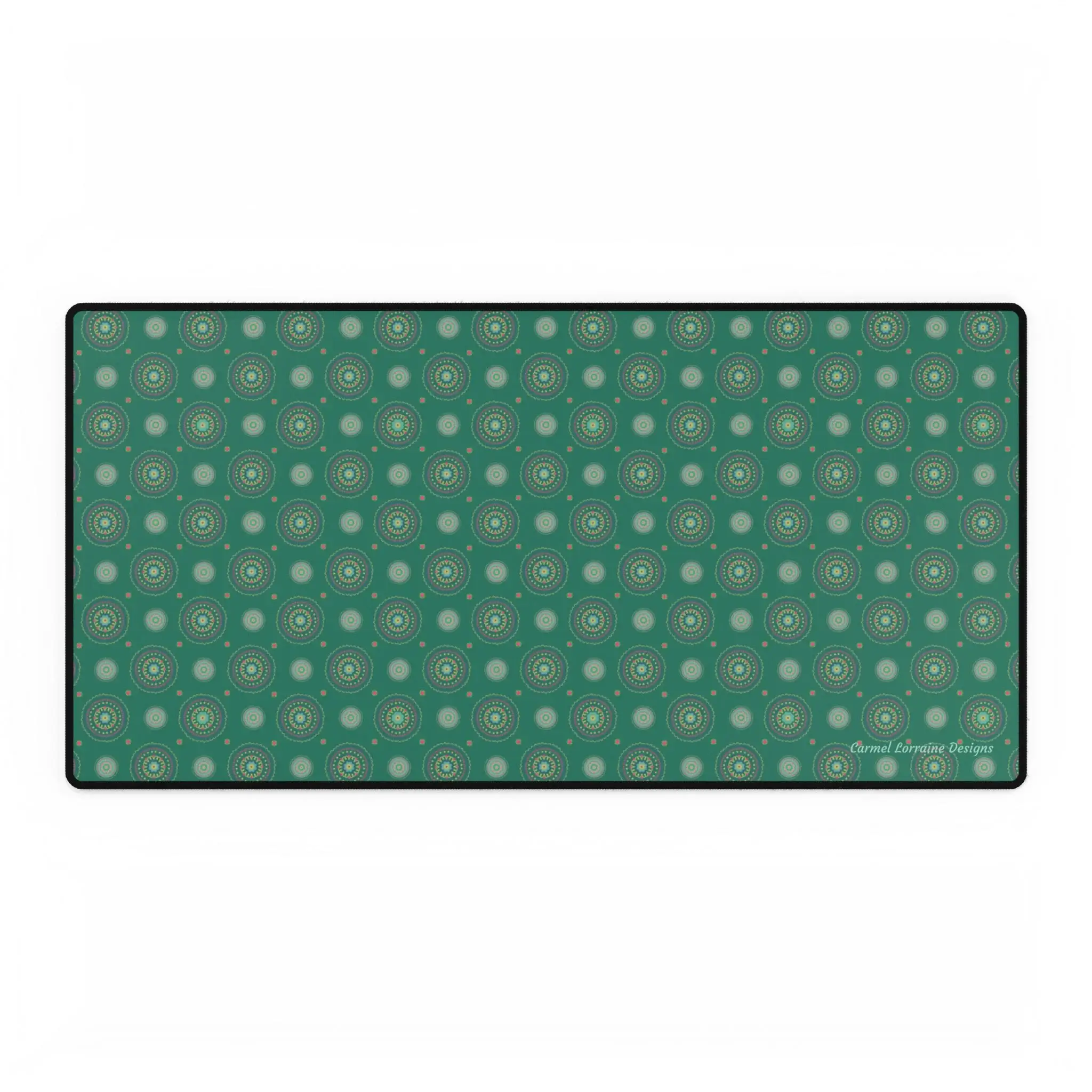 31.5" x 15.5" Country Mandala desk mat with floral design on jade green, smooth surface, and non-slip base.