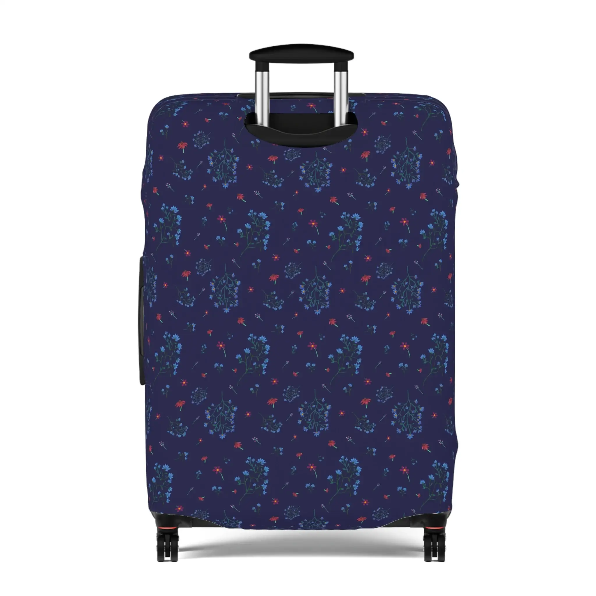 Close-up of a navy blue floral luggage cover from the Woodland Bloom collection, snugly fitted on a suitcase.