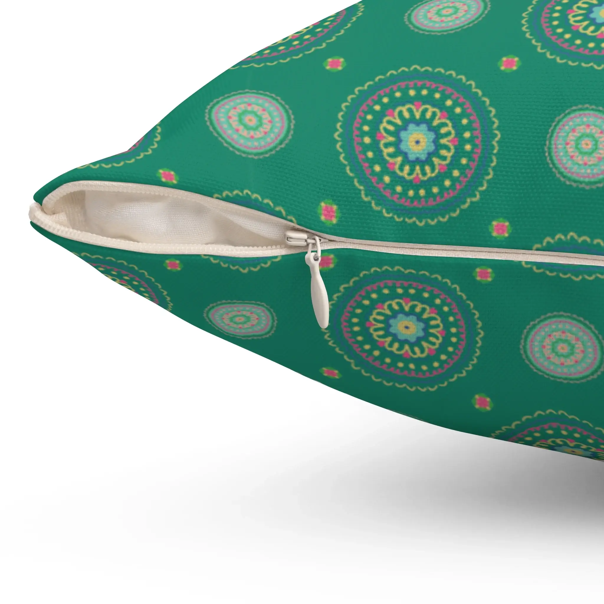 Country Mandala decorative pillow with floral mandala in pink, yellow, and blue on a jade green background.