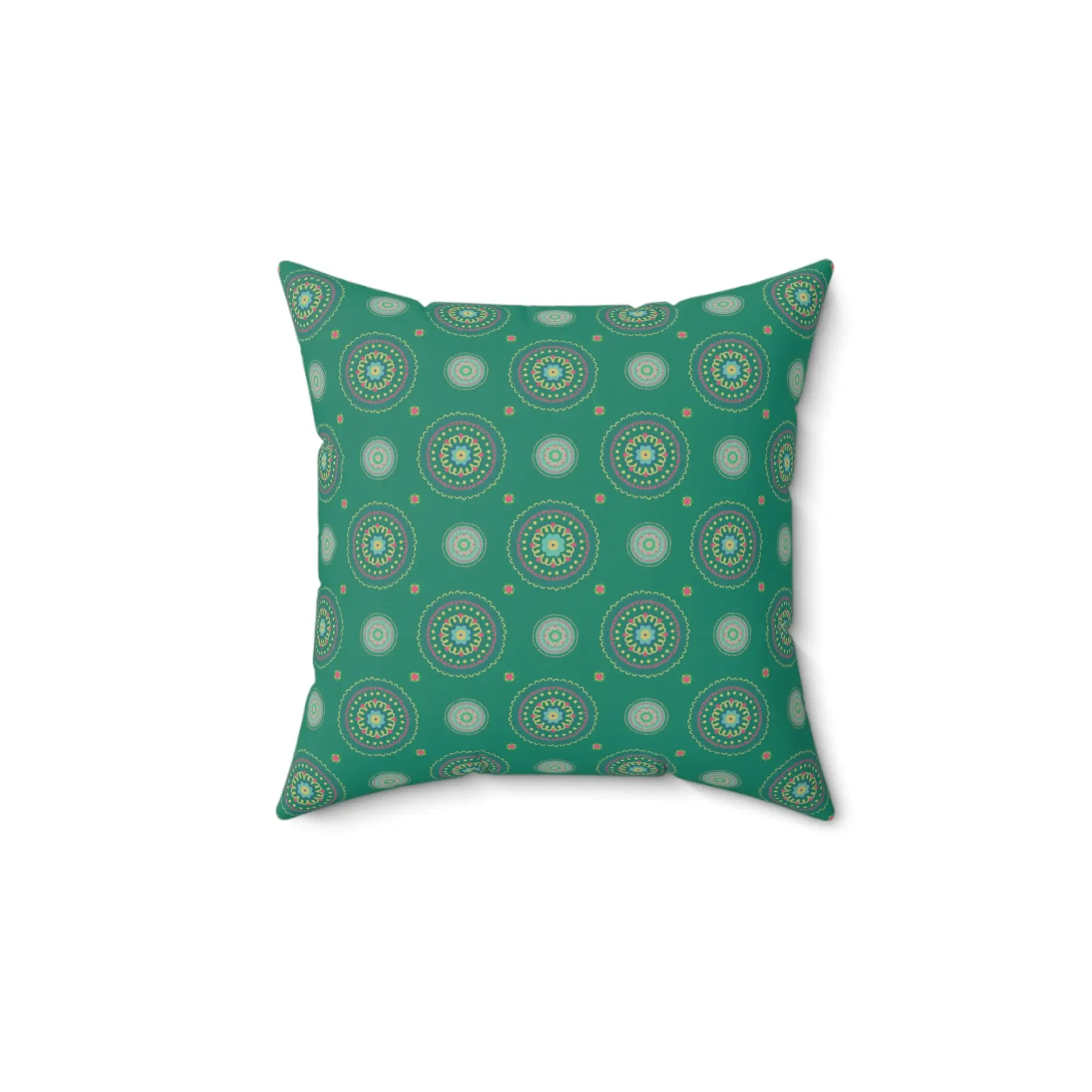 Country Mandala decorative pillow with floral mandala in pink, yellow, and blue on a jade green background.