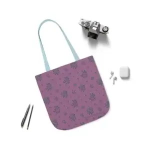 Woodland Lavender Breeze tote bag with floral pattern and light blue straps.