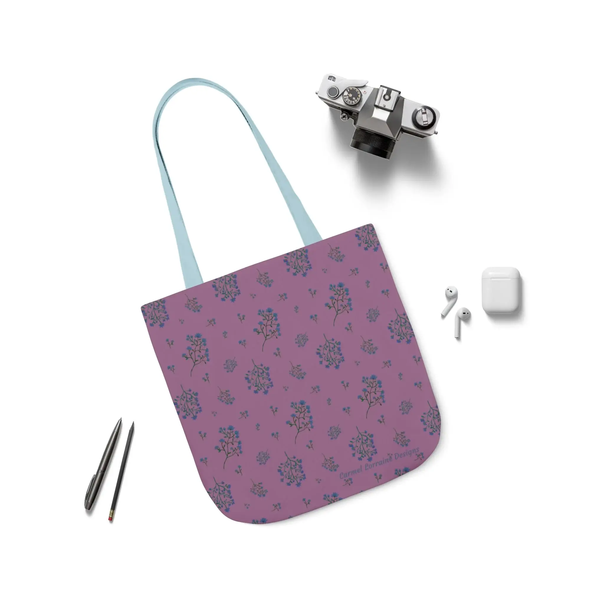 Woodland Lavender Breeze tote bag with floral pattern and light blue straps.