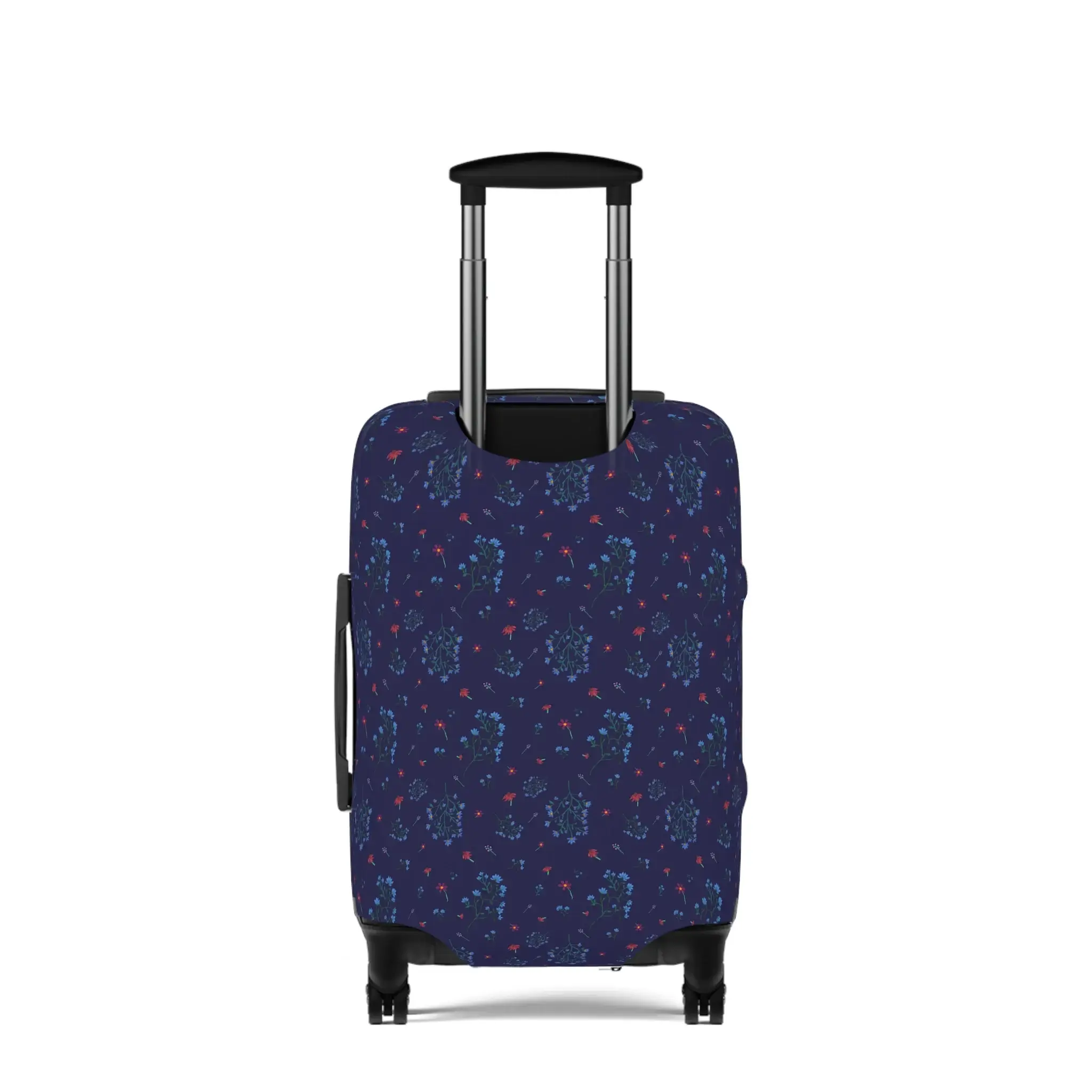 Close-up of a navy blue floral luggage cover from the Woodland Bloom collection, snugly fitted on a suitcase.