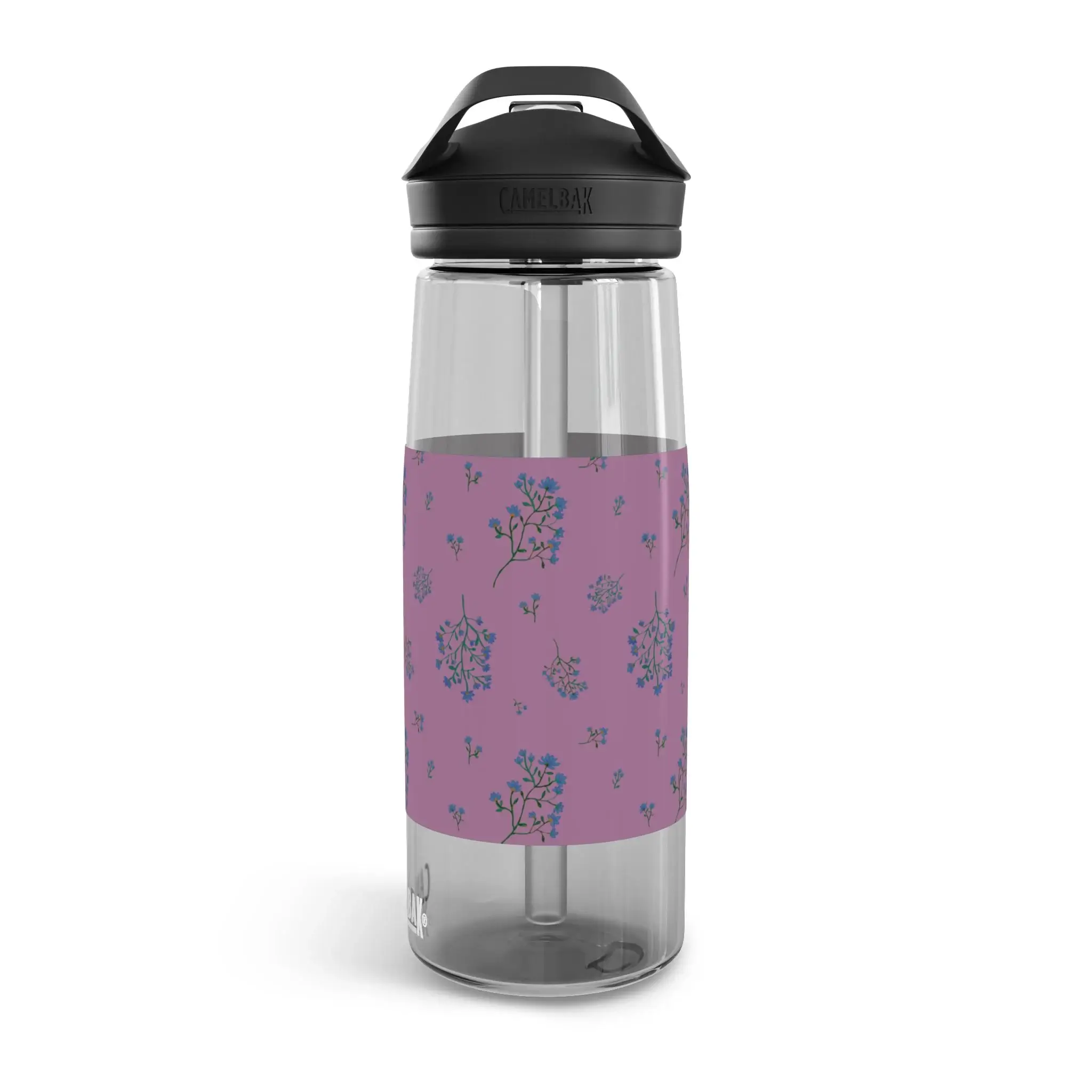 CamelBak water bottle with Woodland Lavender Breeze floral wrap in plum and navy, on a clear grey 25oz bottle.