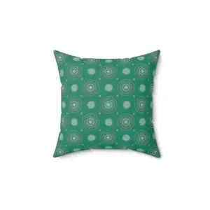 Country Mandala decorative pillow with floral mandala in pink, yellow, and blue on a jade green background.