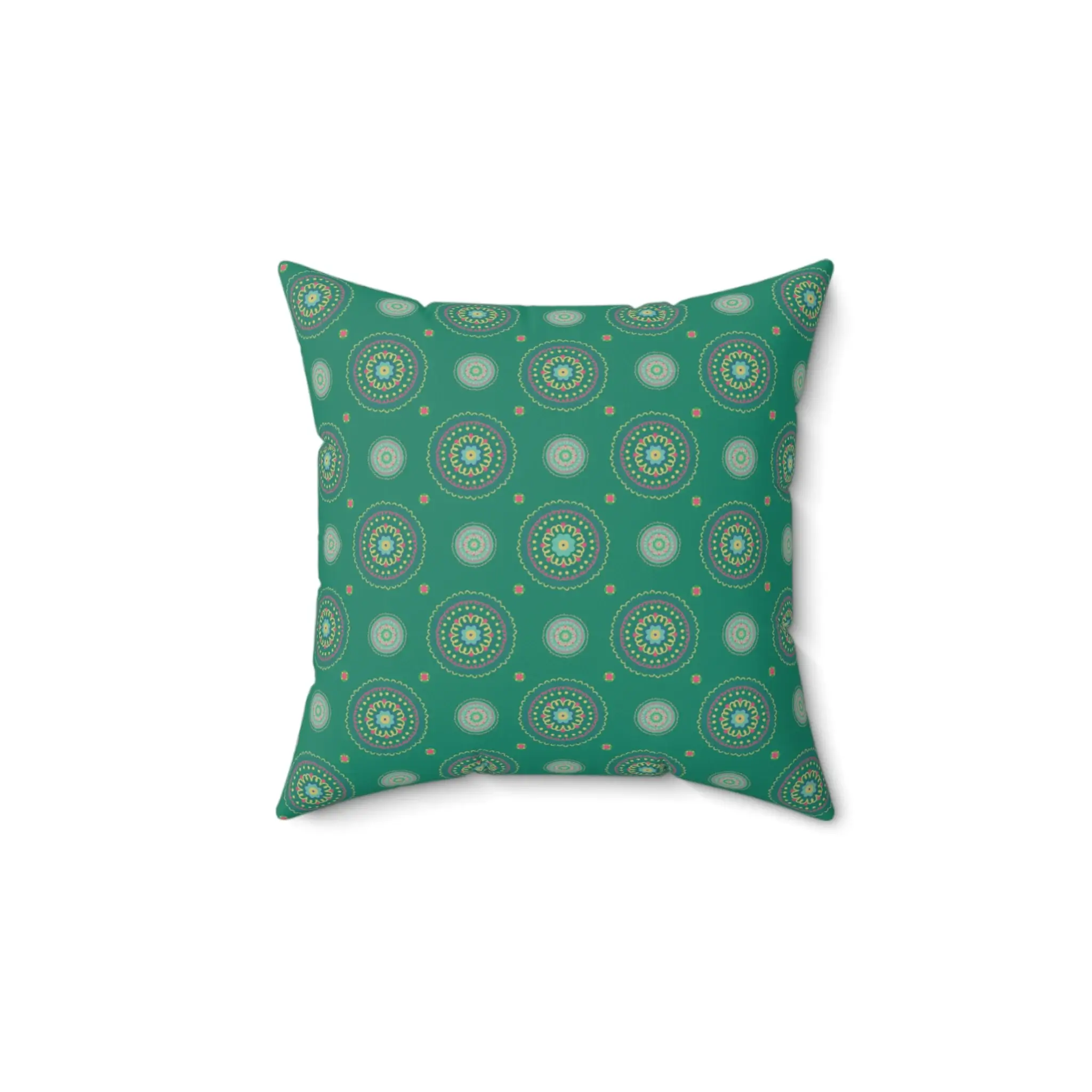Country Mandala decorative pillow with floral mandala in pink, yellow, and blue on a jade green background.