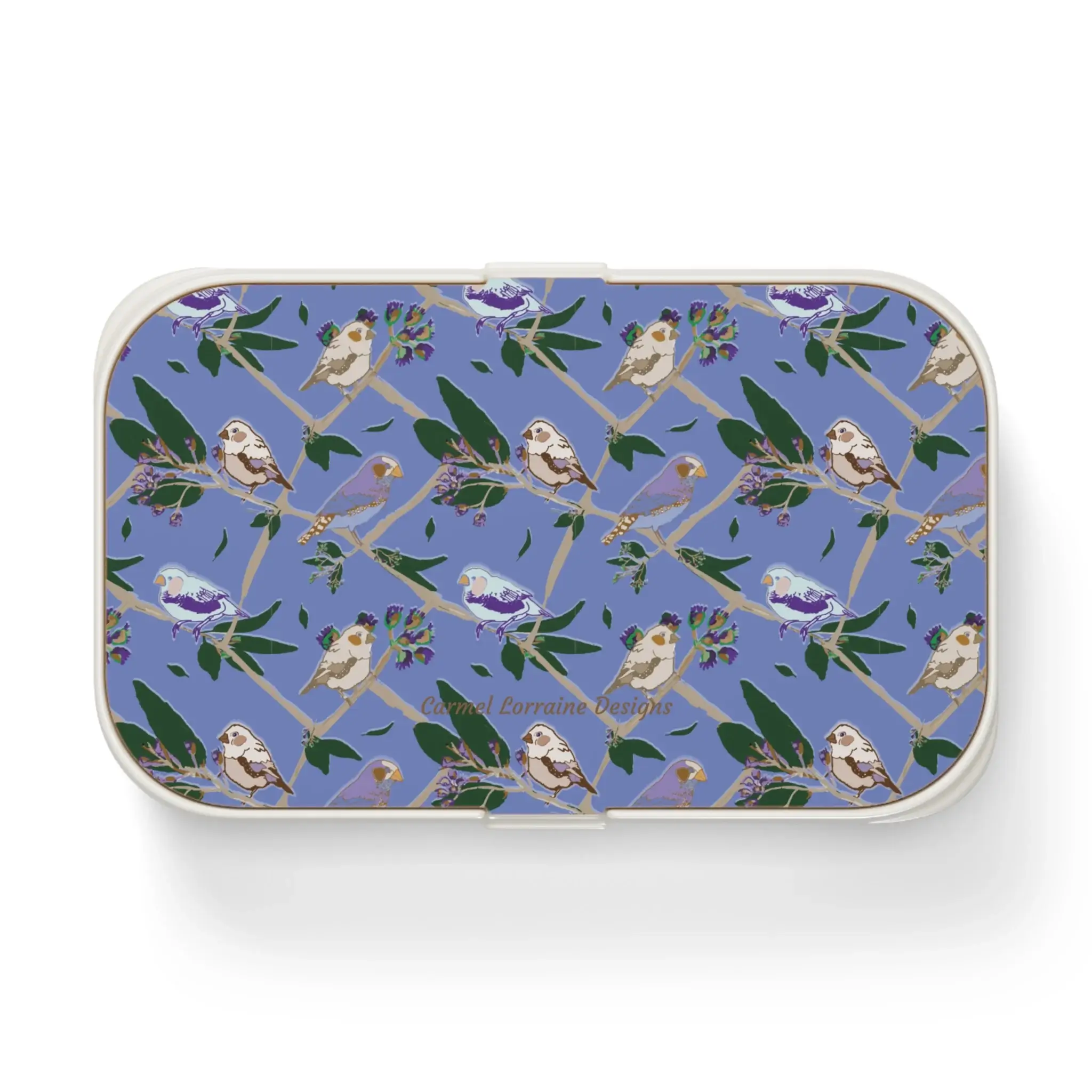 Blue Finch Canopy bento lunchbox with finches on taupe branches, soft shadows, and wooden lid