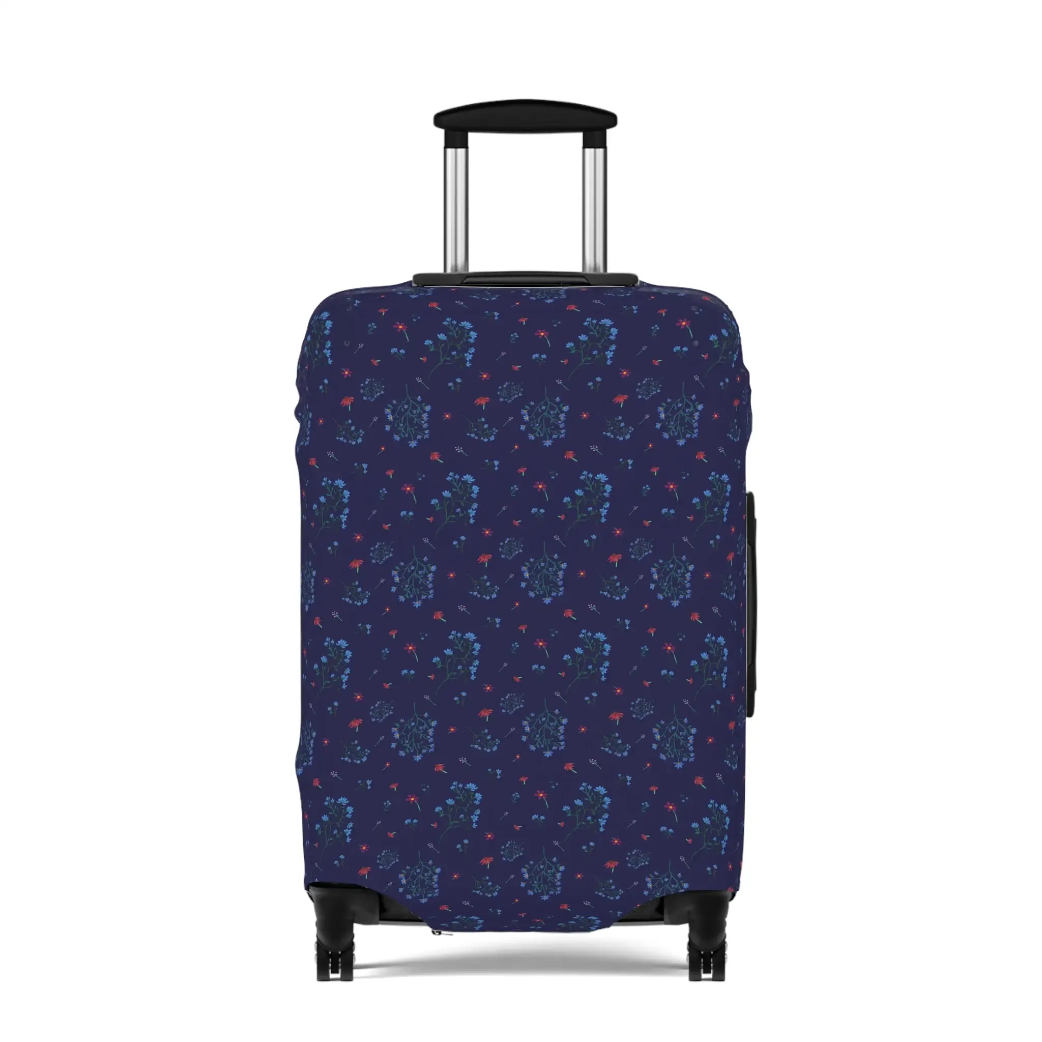 Close-up of a navy blue floral luggage cover from the Woodland Bloom collection, snugly fitted on a suitcase.