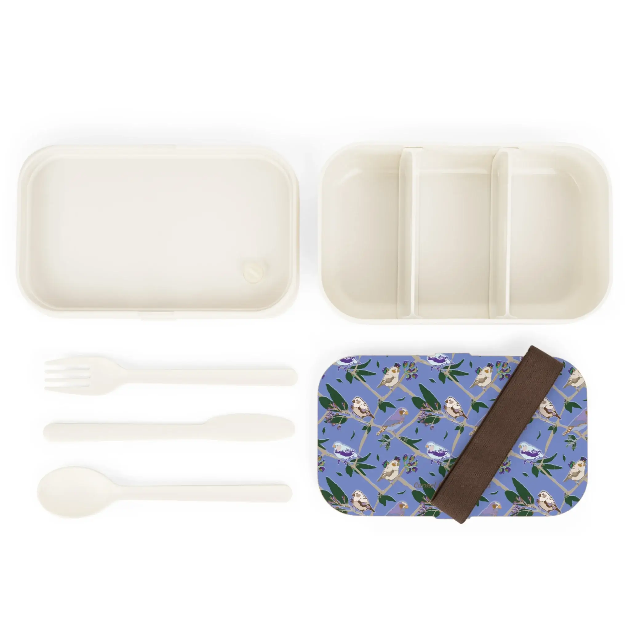 Blue Finch Canopy bento lunchbox with finches on taupe branches, soft shadows, and wooden lid