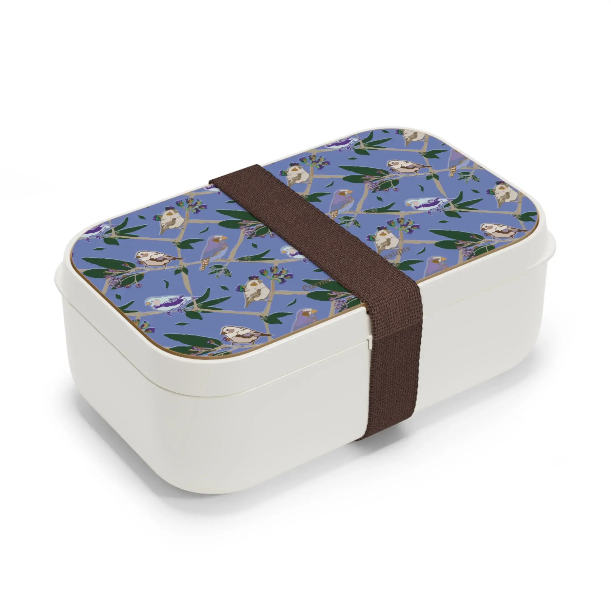 Blue Finch Canopy bento lunchbox with finches on taupe branches, soft shadows, and wooden lid