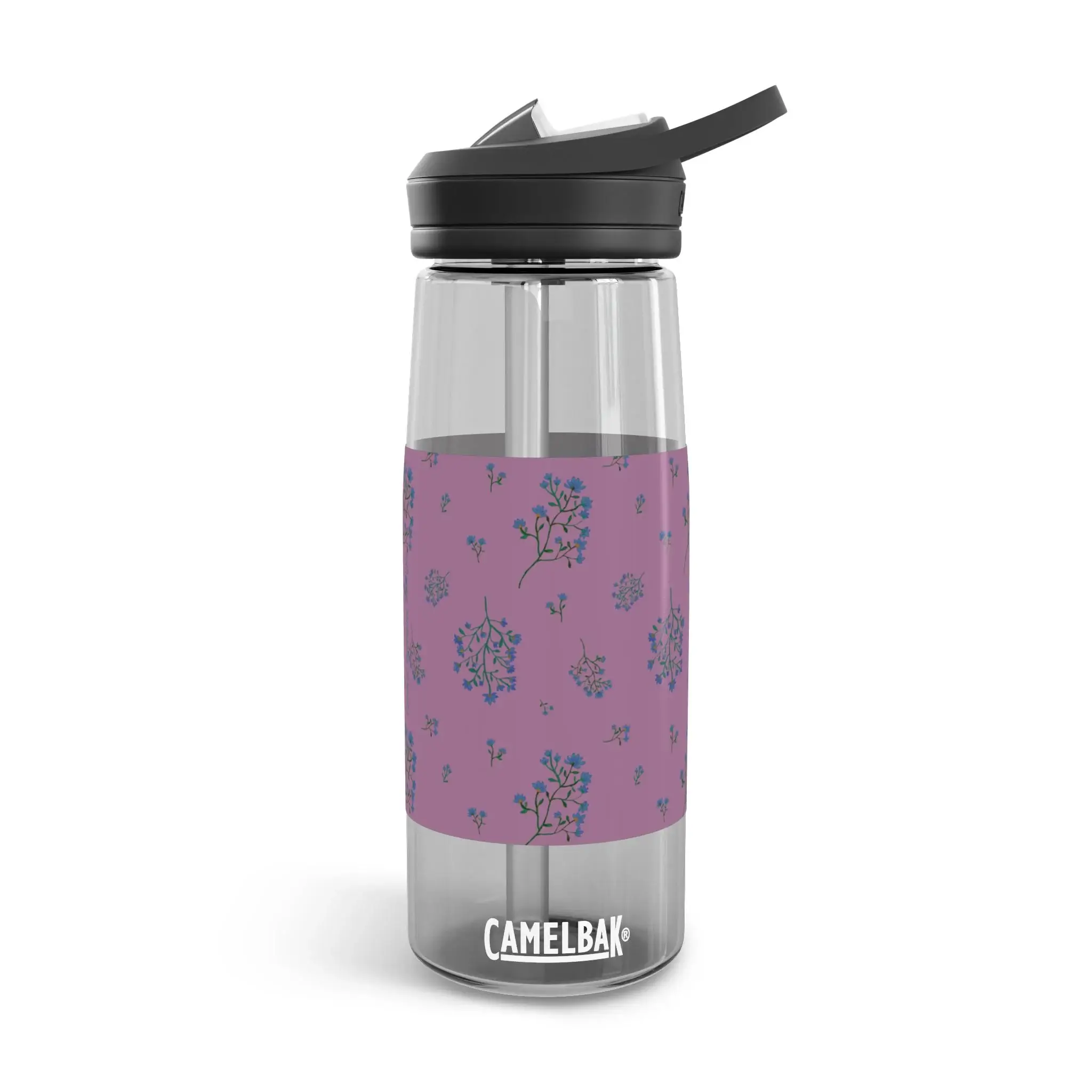 CamelBak water bottle with Woodland Lavender Breeze floral wrap in plum and navy, on a clear grey 25oz bottle.