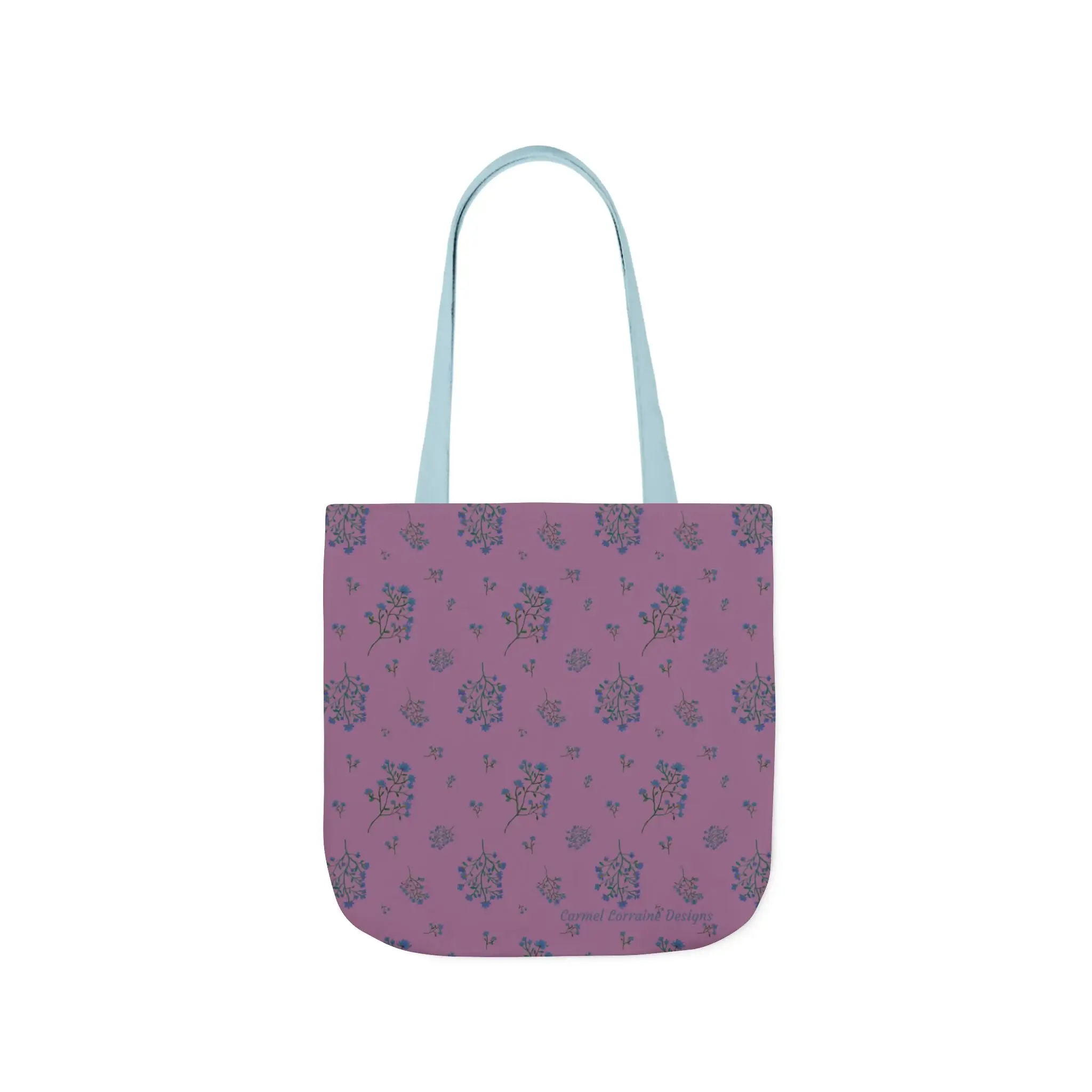 Woodland Lavender Breeze tote bag with floral pattern and light blue straps.