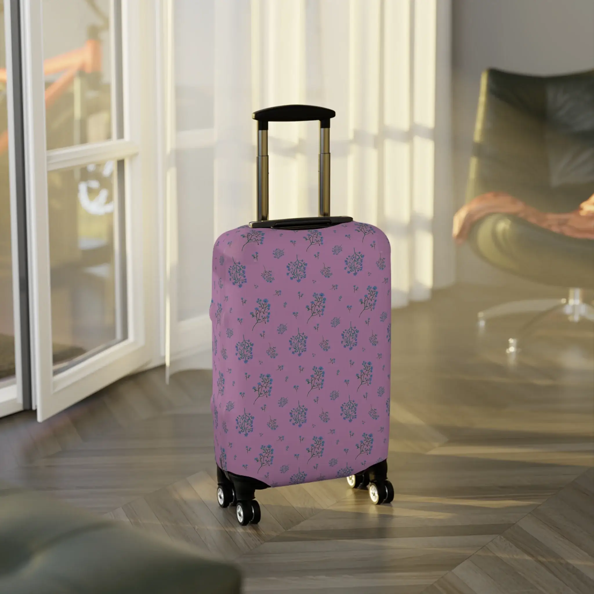 Woodland Lavender Breeze luggage cover with soft floral design and plum-toned background.