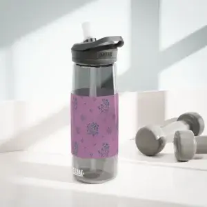 CamelBak water bottle with Woodland Lavender Breeze floral wrap in plum and navy, on a clear grey 25oz bottle.