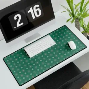 31.5" x 15.5" Country Mandala desk mat with floral design on jade green, smooth surface, and non-slip base.