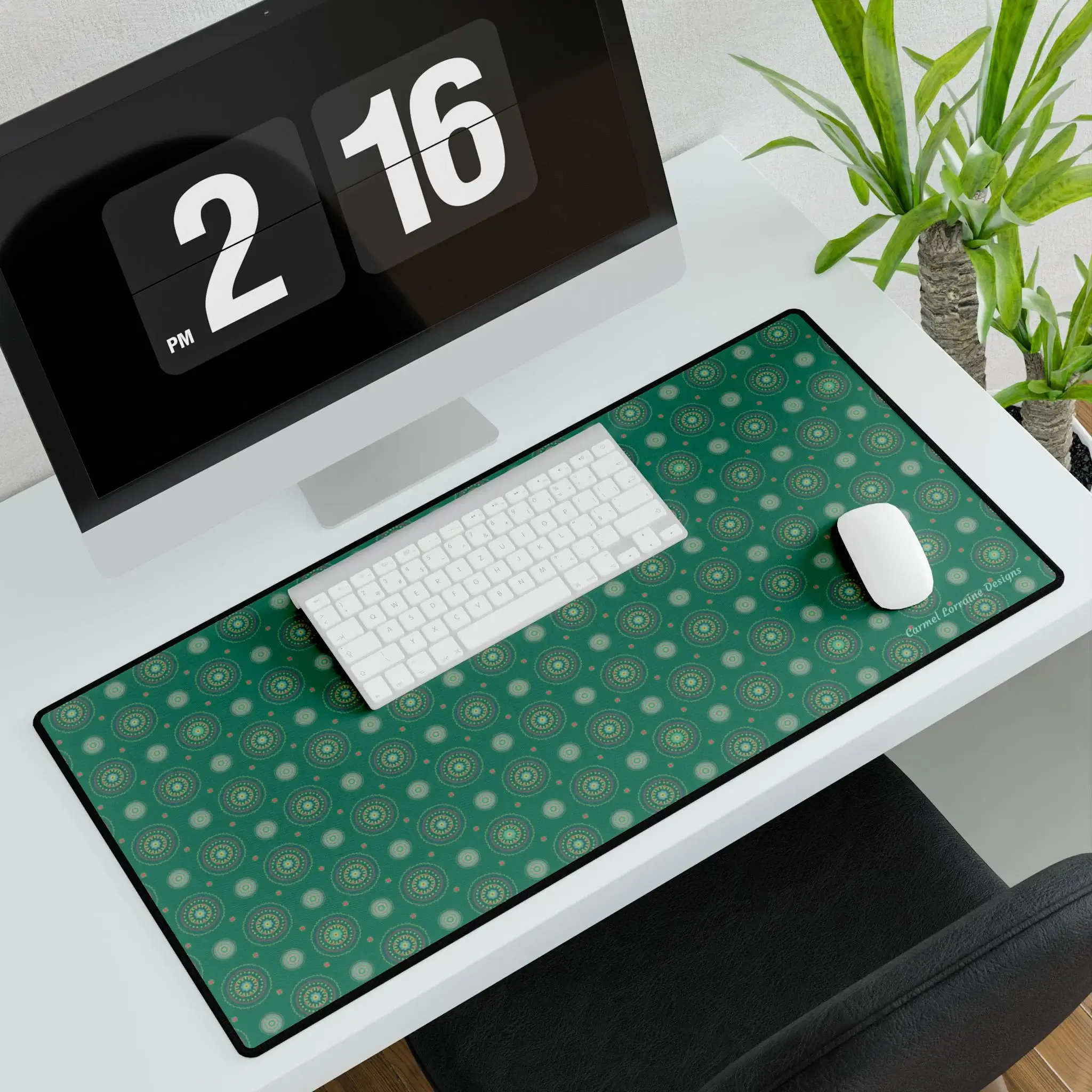 31.5" x 15.5" Country Mandala desk mat with floral design on jade green, smooth surface, and non-slip base.