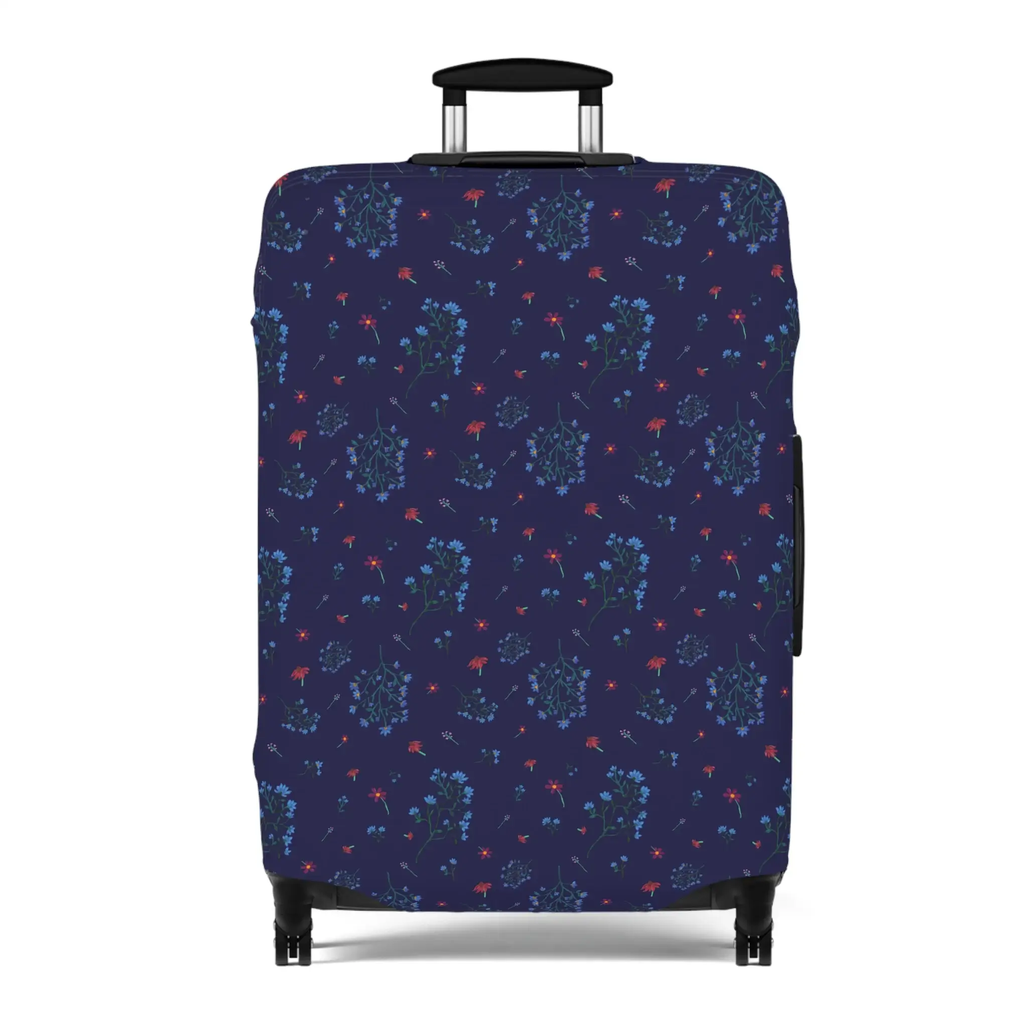 Close-up of a navy blue floral luggage cover from the Woodland Bloom collection, snugly fitted on a suitcase.