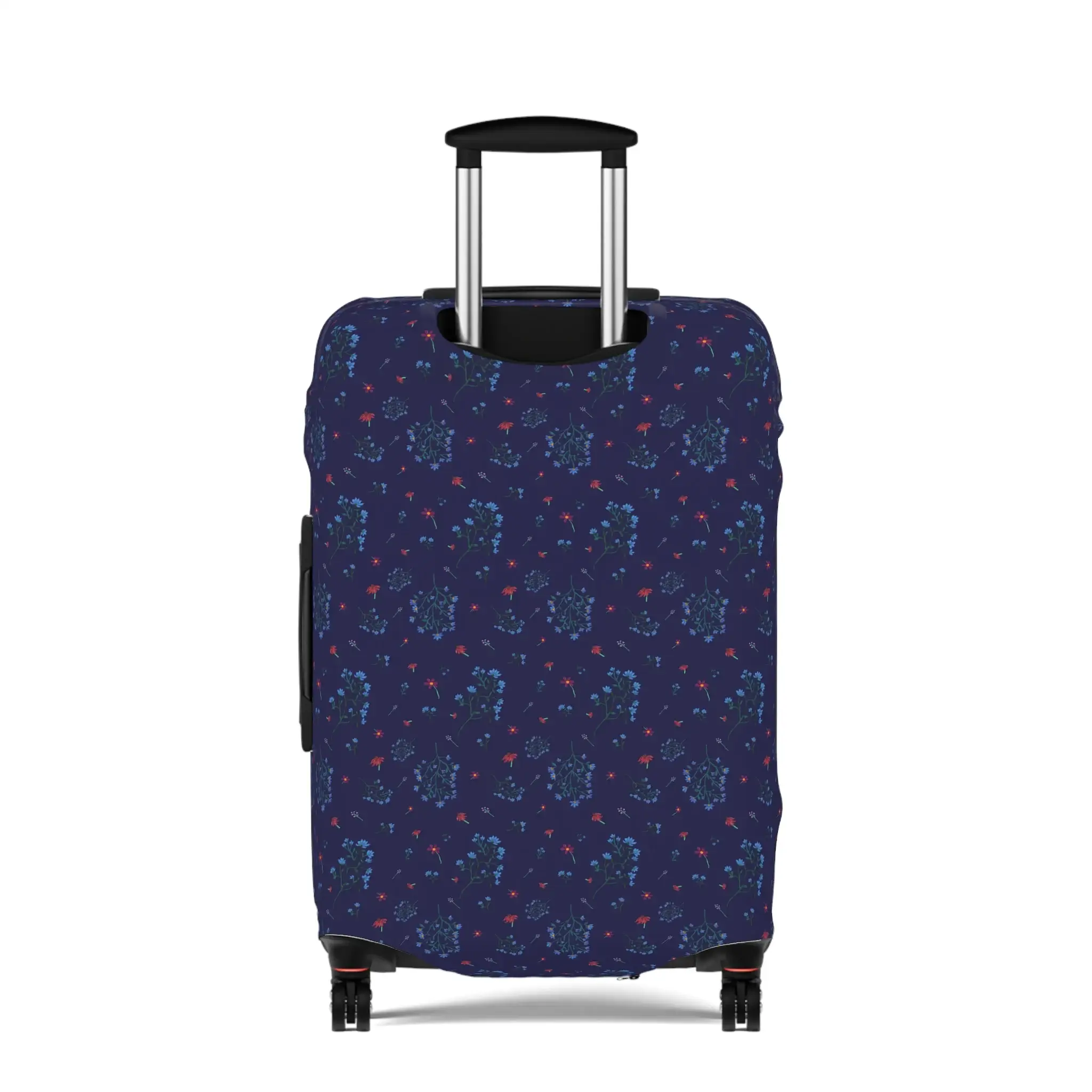 Close-up of a navy blue floral luggage cover from the Woodland Bloom collection, snugly fitted on a suitcase.