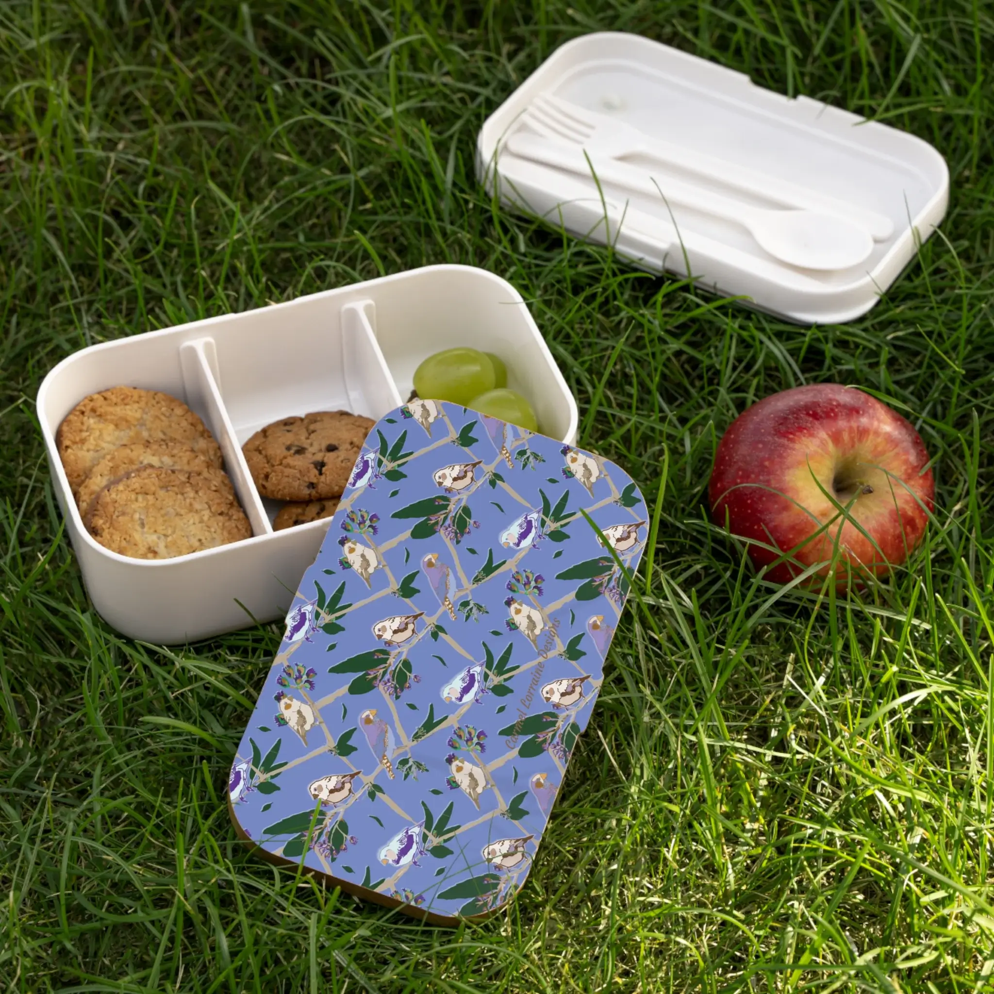 Blue Finch Canopy bento lunchbox with finches on taupe branches, soft shadows, and wooden lid