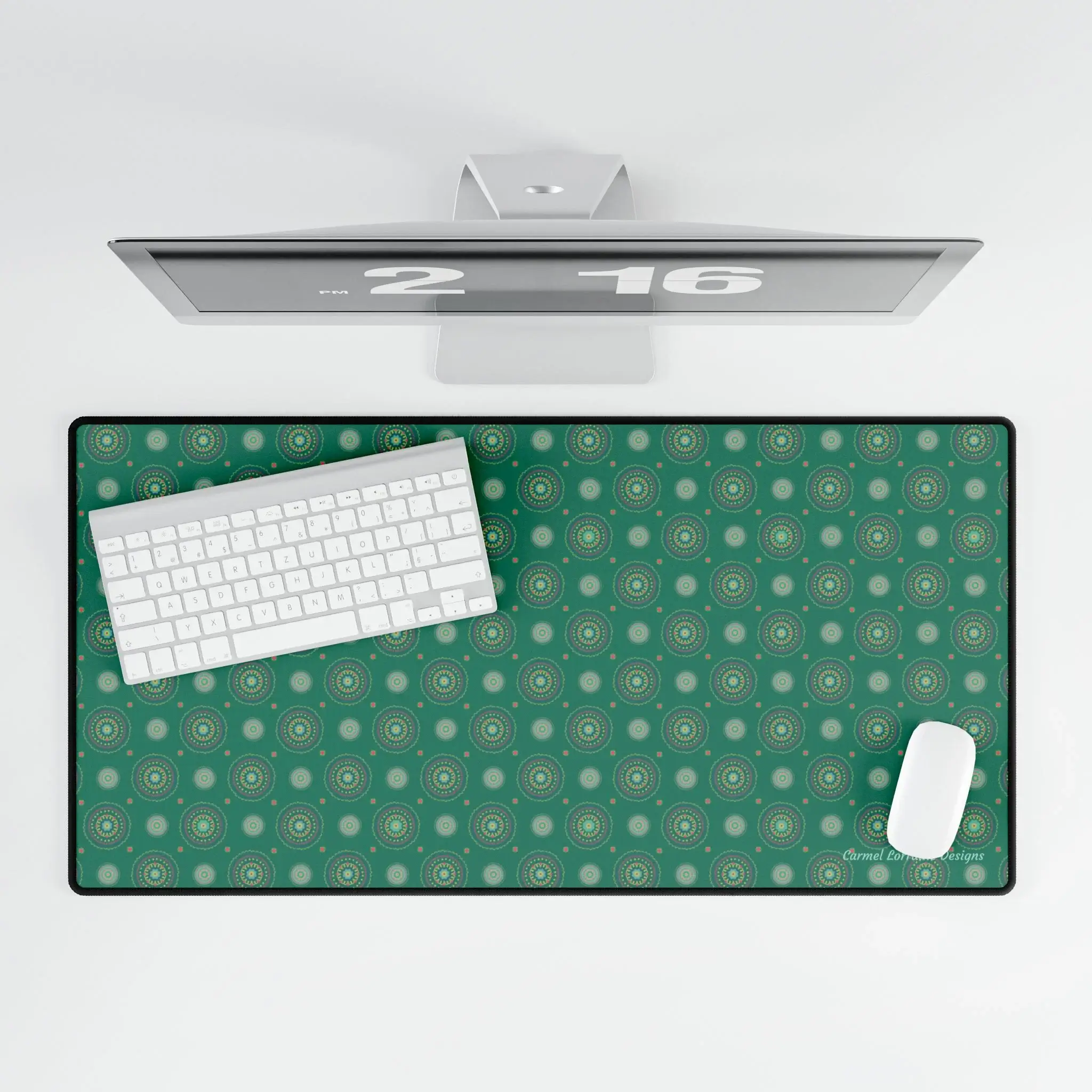 31.5" x 15.5" Country Mandala desk mat with floral design on jade green, smooth surface, and non-slip base.