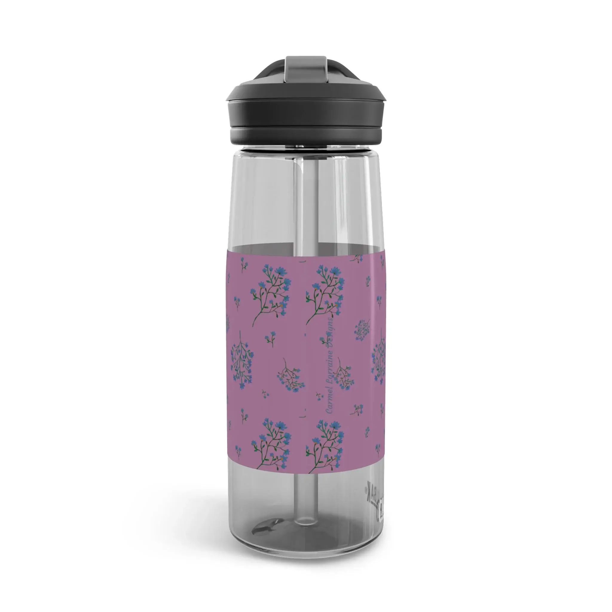 CamelBak water bottle with Woodland Lavender Breeze floral wrap in plum and navy, on a clear grey 25oz bottle.