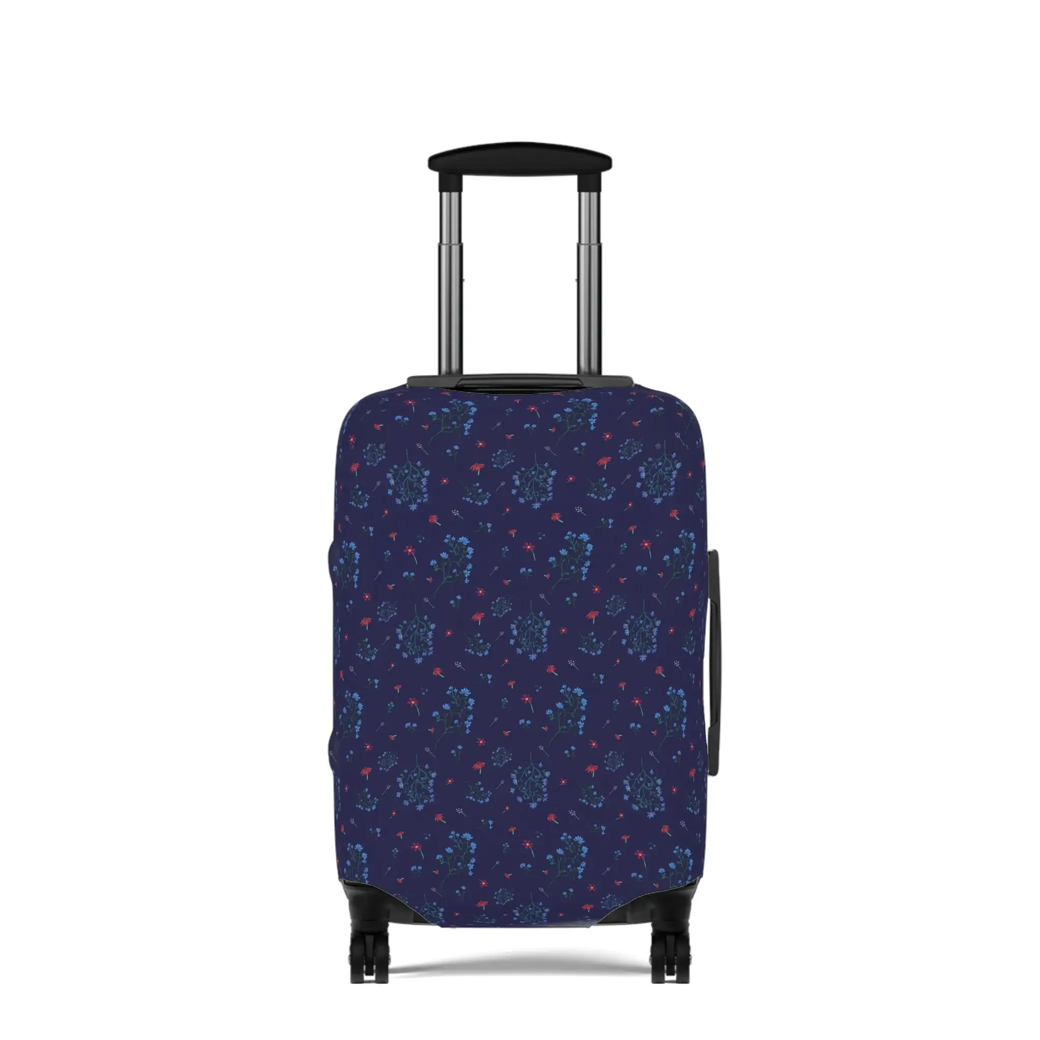 Close-up of a navy blue floral luggage cover from the Woodland Bloom collection, snugly fitted on a suitcase.