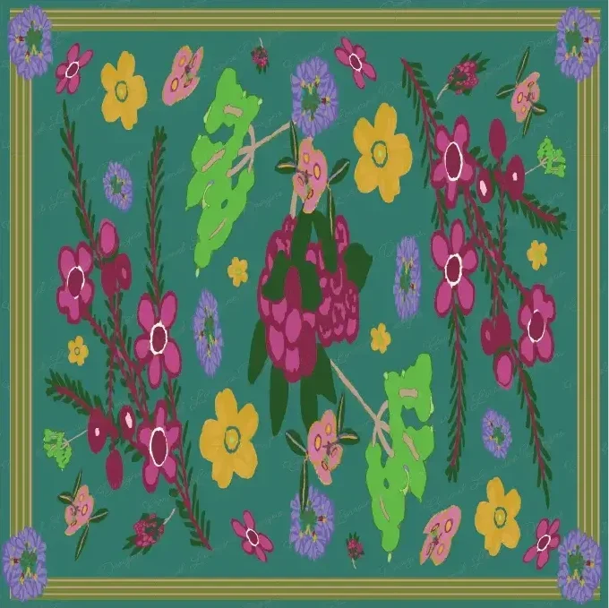 Square scarf with a warm teal background, featuring subtle botanical motifs and an Eucalyptus and Petal stripe border.