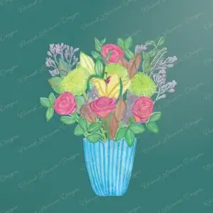 Hand-drawn floral bouquet art print in soft pinks, purples, peaches, and yellows on a textured jade background
