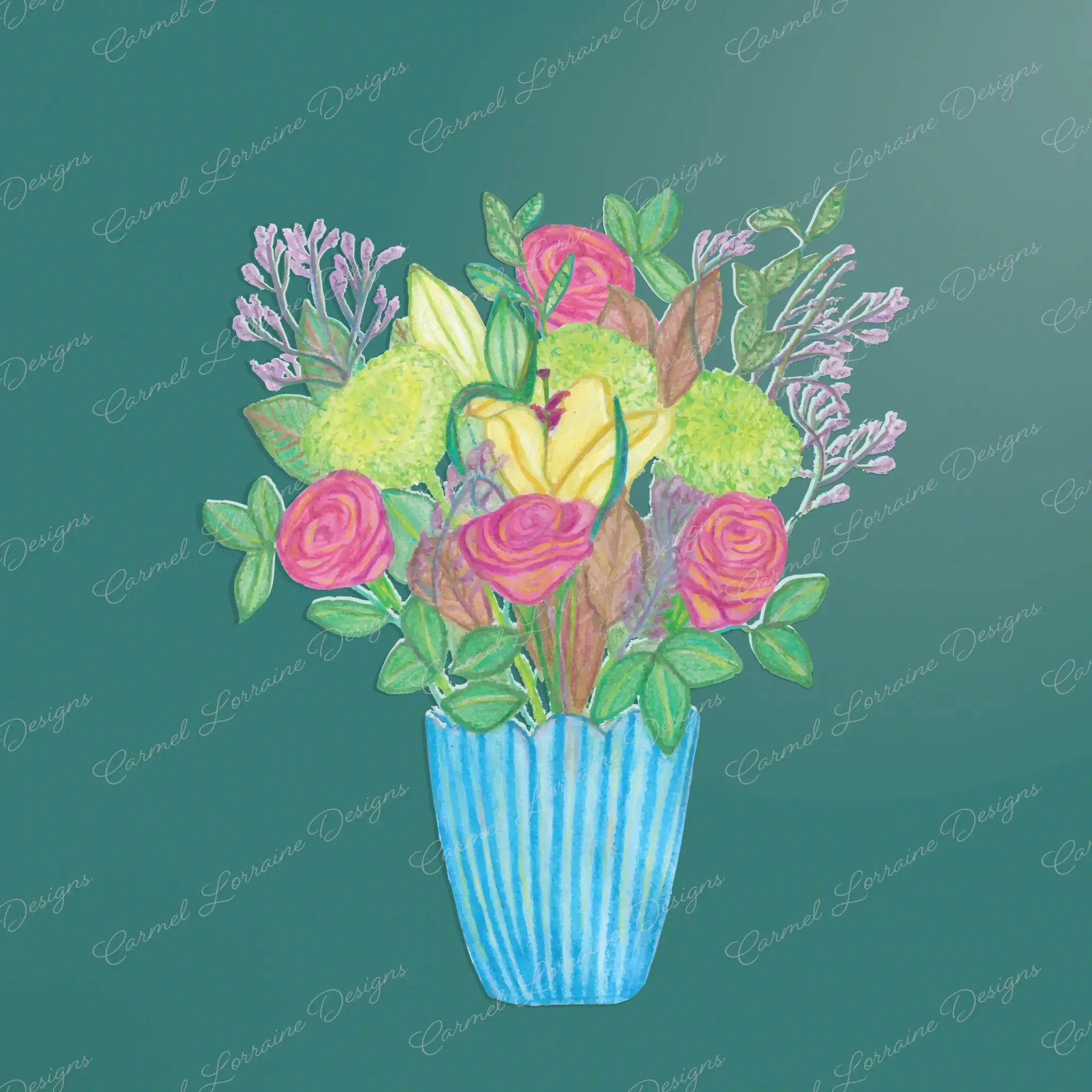 Hand-drawn floral bouquet art print in soft pinks, purples, peaches, and yellows on a textured jade background