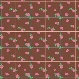 A scattered floral pattern featuring peach and pink roses with green leaves on a chocolate brown background. Behind the flowers is a soft three-colour grid made of jade green, warm taupe, and light pink/peach lines, creating a vintage-style layout.