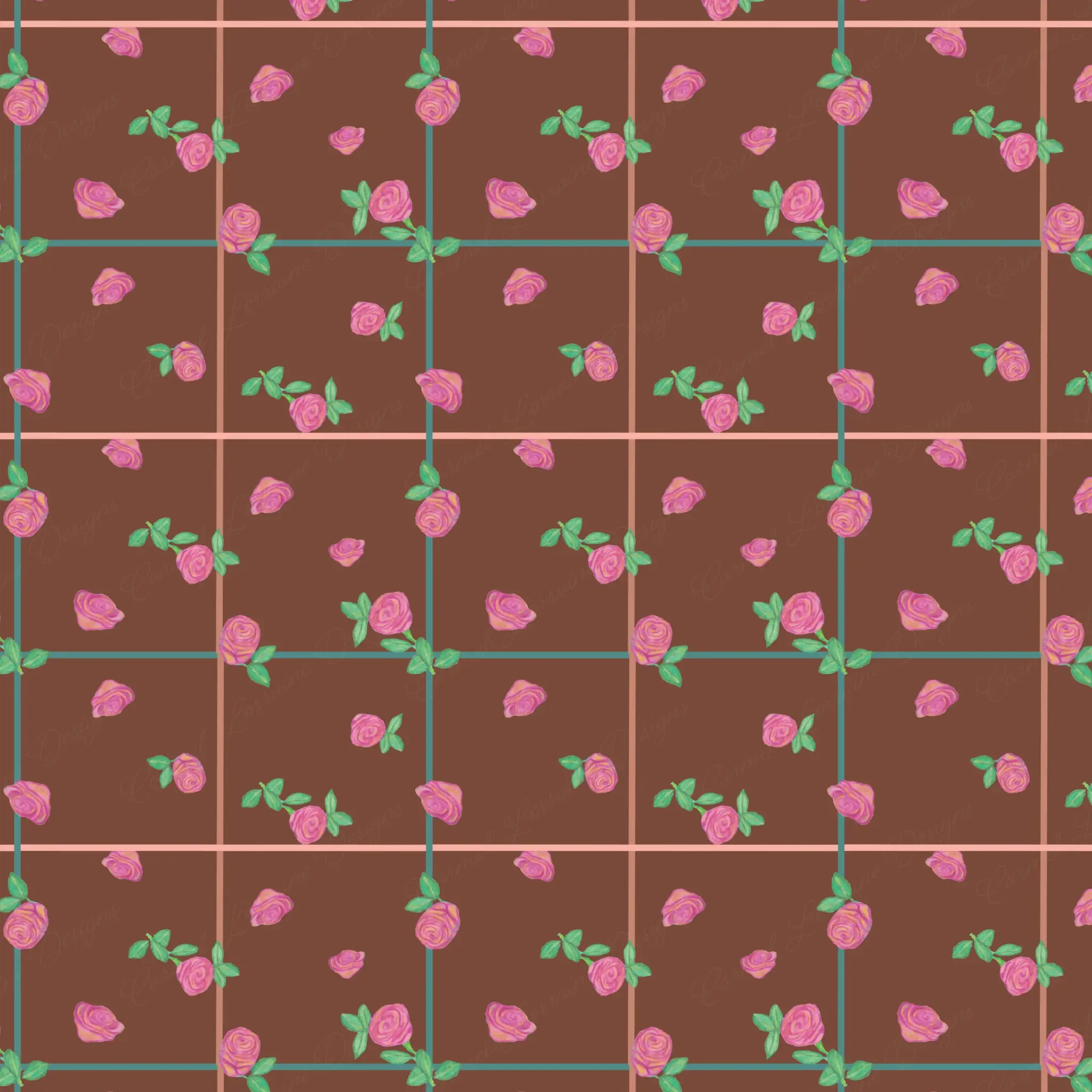 A scattered floral pattern featuring peach and pink roses with green leaves on a chocolate brown background. Behind the flowers is a soft three-colour grid made of jade green, warm taupe, and light pink/peach lines, creating a vintage-style layout.
