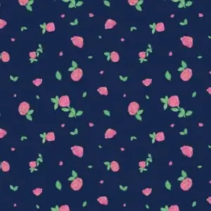 A vintage-style floral pattern with small scattered peach and pink roses and green leaves on a deep indigo background. The layout is spacious and balanced, with a soft, retro-inspired feel.