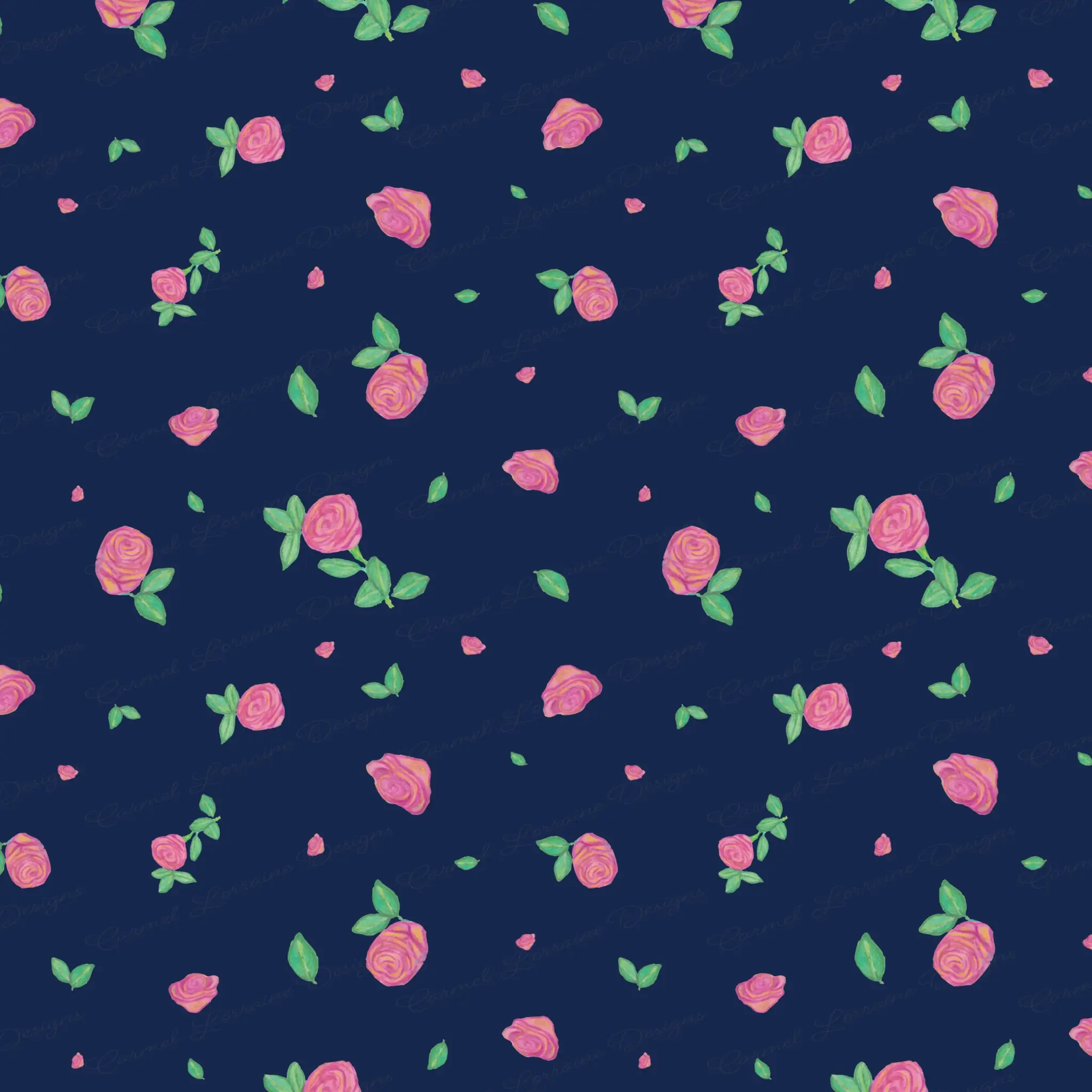 A vintage-style floral pattern with small scattered peach and pink roses and green leaves on a deep indigo background. The layout is spacious and balanced, with a soft, retro-inspired feel.