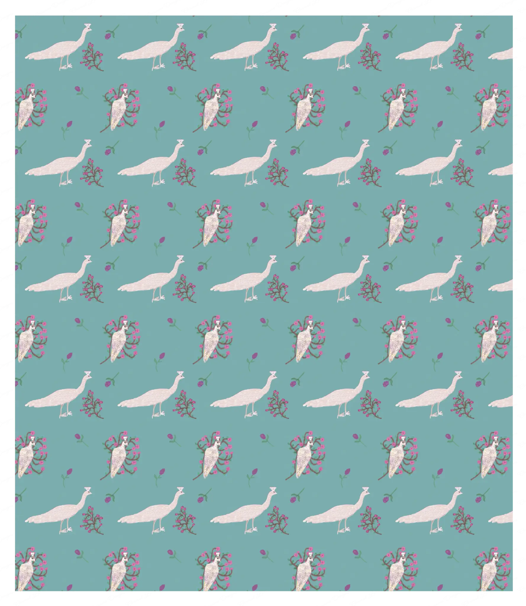 A softly drawn white peacock with hints of violet sits on a flowering branch, surrounded by scattered lilacs and pomegranate sprigs. The background is a calm teal-blue ( #7aadac), evoking a quiet, elegant atmosphere.